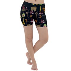 Paris Street Pattern On Black Lightweight Velour Yoga Shorts