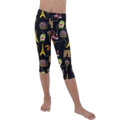 Paris Street Pattern On Black Kids  Lightweight Velour Capri Leggings 