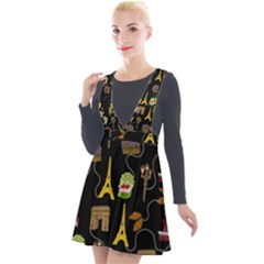 Paris Street Pattern On Black Plunge Pinafore Velour Dress