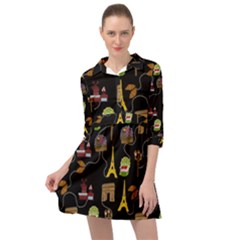 Paris Street Pattern On Black Mini Skater Shirt Dress