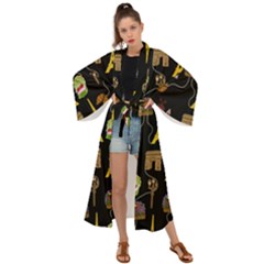 Paris Street Pattern On Black Maxi Kimono