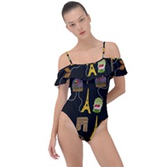 Paris Street Pattern On Black Frill Detail One Piece Swimsuit