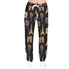 Paris Street Pattern On Black Women Velvet Drawstring Pants