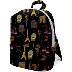 Paris Street Pattern On Black Zip Up Backpack