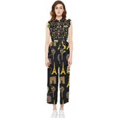 Paris Street Pattern On Black Women s Frill Top Jumpsuit