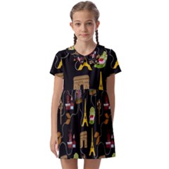 Paris Street Pattern On Black Kids  Asymmetric Collar Dress