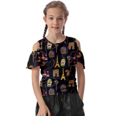 Paris Street Pattern On Black Kids  Butterfly Cutout Tee