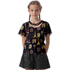 Paris Street Pattern On Black Kids  Front Cut Tee