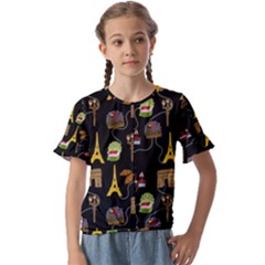 Paris Street Pattern On Black Kids  Cuff Sleeve Scrunch Bottom Tee