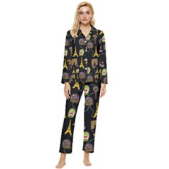 Paris Street Pattern On Black Womens  Long Sleeve Pocket Pajamas Set