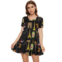 Paris Street Pattern On Black Tiered Short Sleeve Mini Dress