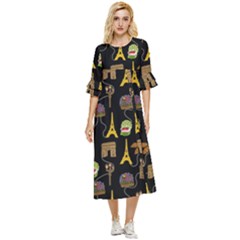 Paris Street Pattern On Black Double Cuff Midi Dress