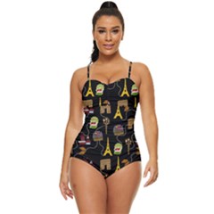 Paris Street Pattern On Black Retro Full Coverage Swimsuit by Daria3107