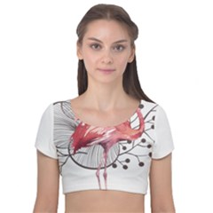 Watercolor Flamingo Velvet Short Sleeve Crop Top 