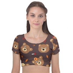 Bears-vector-free-seamless-pattern1 Velvet Short Sleeve Crop Top 