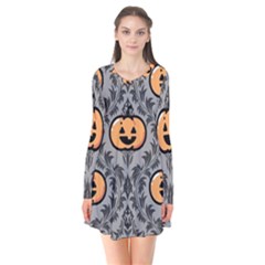 Pumpkin Pattern Long Sleeve V-neck Flare Dress by InPlainSightStyle