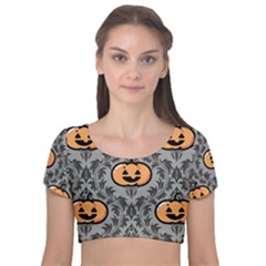 Pumpkin Pattern Velvet Short Sleeve Crop Top  by InPlainSightStyle