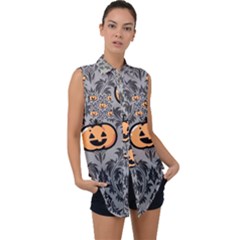 Pumpkin Pattern Sleeveless Chiffon Button Shirt