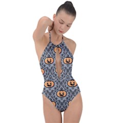 Pumpkin Pattern Plunge Cut Halter Swimsuit