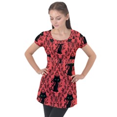 Cat Pattern Puff Sleeve Tunic Top by InPlainSightStyle