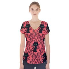 Cat Pattern Short Sleeve Front Detail Top by InPlainSightStyle