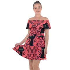 Cat Pattern Off Shoulder Velour Dress