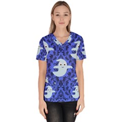 Ghost Pattern Women s V-neck Scrub Top by InPlainSightStyle