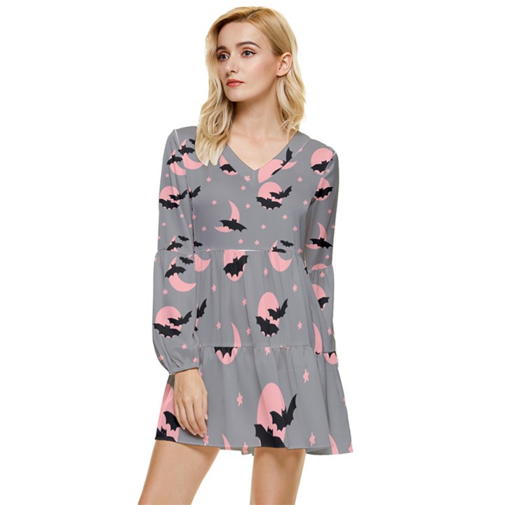 Bat Tiered Long Sleeve Mini Dress