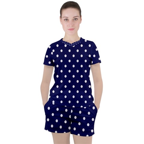 1950 Navy Blue White Dots Women s Tee And Shorts Set by SomethingForEveryone