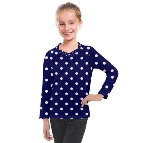 1950 Navy Blue White Dots Kids  Long Mesh Tee by SomethingForEveryone