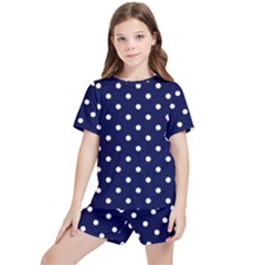 1950 Navy Blue White Dots Kids  Tee And Sports Shorts Set by SomethingForEveryone