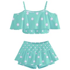1950 Sea Foam Green White Dots Kids  Off Shoulder Skirt Bikini by SomethingForEveryone