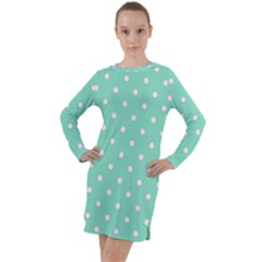 1950 Sea Foam Green White Dots Long Sleeve Hoodie Dress