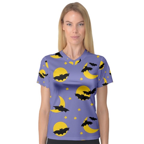 Bats With Yellow Moon V-neck Sport Mesh Tee by SychEva