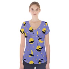 Bats With Yellow Moon Short Sleeve Front Detail Top by SychEva