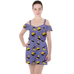 Bats With Yellow Moon Ruffle Cut Out Chiffon Playsuit by SychEva