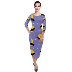 Bats With Yellow Moon Quarter Sleeve Midi Velour Bodycon Dress