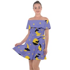 Bats With Yellow Moon Off Shoulder Velour Dress by SychEva