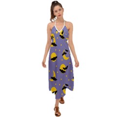 Bats With Yellow Moon Halter Tie Back Dress  by SychEva