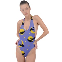 Bats With Yellow Moon Backless Halter One Piece Swimsuit by SychEva