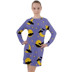 Bats With Yellow Moon Long Sleeve Hoodie Dress by SychEva