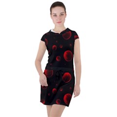 Red Drops On Black Drawstring Hooded Dress by SychEva