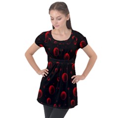 Red Drops On Black Puff Sleeve Tunic Top
