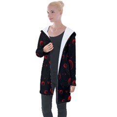 Red Drops On Black Longline Hooded Cardigan by SychEva