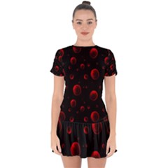 Red Drops On Black Drop Hem Mini Chiffon Dress by SychEva