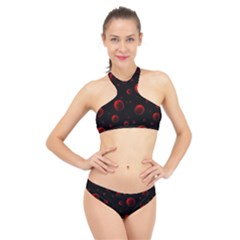 Red Drops On Black High Neck Bikini Set by SychEva