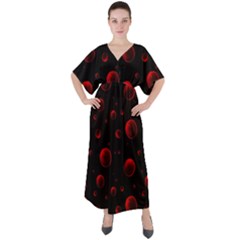 Red Drops On Black V-neck Boho Style Maxi Dress by SychEva