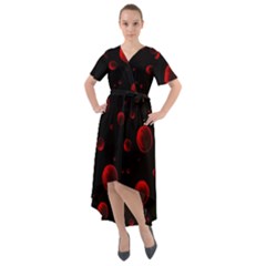 Red Drops On Black Front Wrap High Low Dress by SychEva