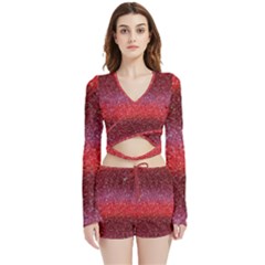 Red Sequins Velvet Wrap Crop Top And Shorts Set by SychEva