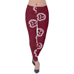 White Skulls On Red Shiny Background Velvet Leggings by SychEva